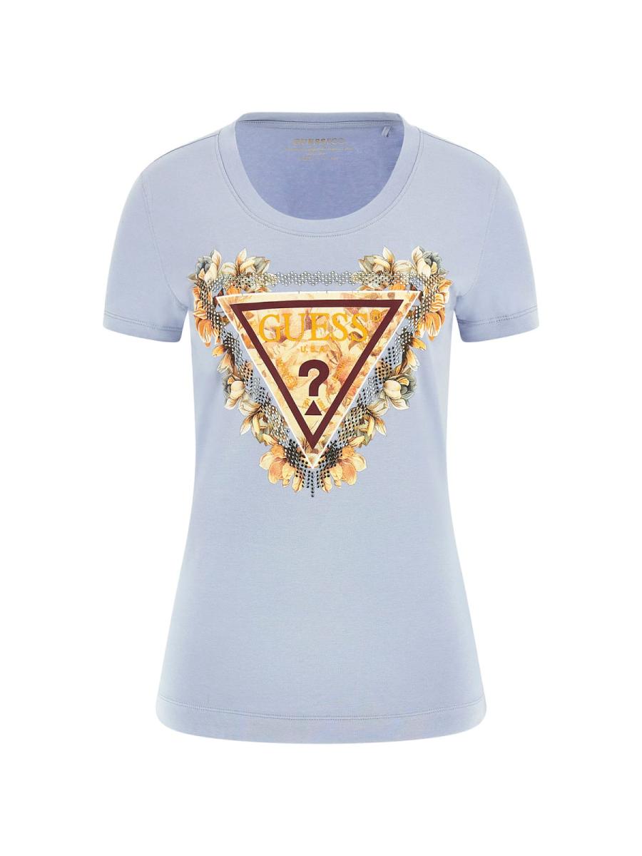 Guess T-shirt SS TRIANGLE FLOWERS TEE Azzurro 1